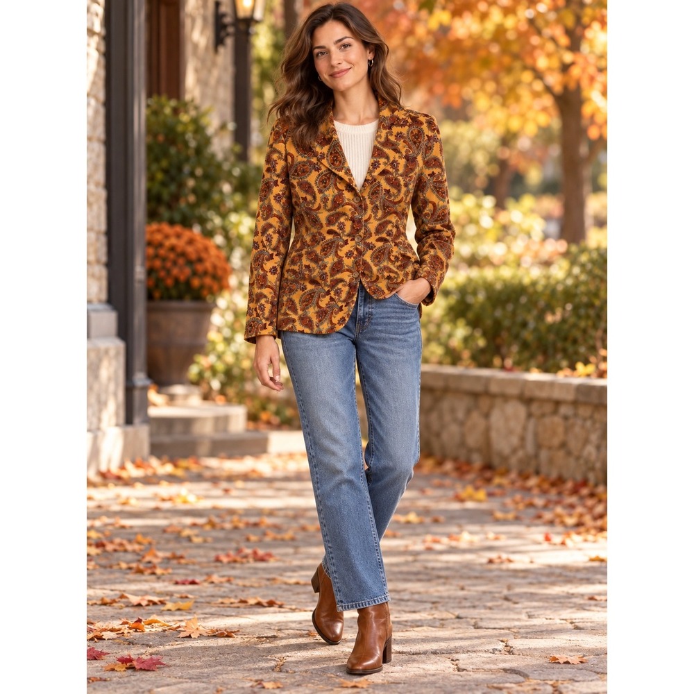 Relativity Corduroy Blazer Size Large Paisley Cotton Blend Button Up Jacket Fall